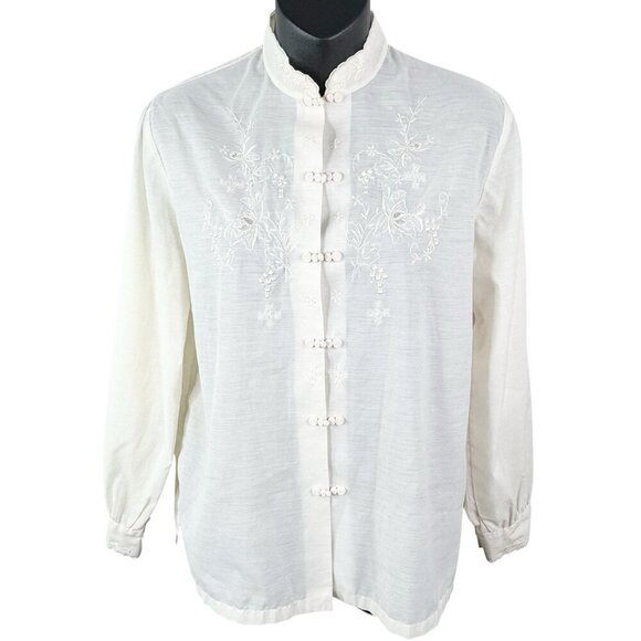 VTG 80s Hand Embroidered & Cutwork Ivory Asian Inspired Top Women’s L Daffodil - Picture 3 of 10